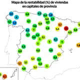 Mapa de rentabilidad de viviendas en España. Los círculos de colores indican el porcentaje de rentabilidad, mostrando que es el real estate una inversión con variaciones.