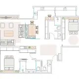 Plano piso con sala, comedor, cocina, dos habitaciones y dos baños.