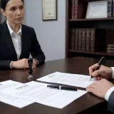 Un hombre firma un documento en una oficina, mientras una mujer observa. El documento tiene la palabra "FEIN" visible, indicando el momento en que se firma la fein.