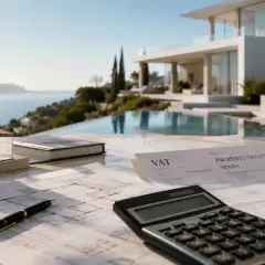 Planos, maqueta de casa, calculadora y documentos sobre impuestos de iva vivienda nueva en España, con una villa moderna y el mar de fondo.