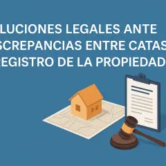 Ilustración de una casa sobre un plano, un mazo de juez y un documento. Ayuda a saber si una finca está registrada.