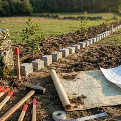 Herramientas y plano para el amojonamiento, marcando el significado de los límites de una propiedad con cubos de granito y estacas.