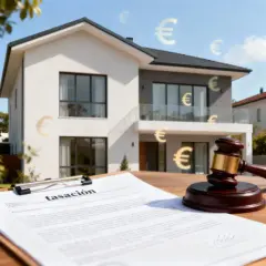 Un mazo de juez y un documento de tasación frente a una casa moderna, con símbolos de euros flotando. Reflexiona sobre qué impuestos se pagan al comprar una casa.