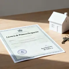 Documento de licencia de primera ocupación, llaves y maqueta de casa sobre mesa de madera.