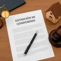 Documento "Extinción de Condominio" junto a una balanza de justicia, mazo y maqueta de condominio vivienda.
