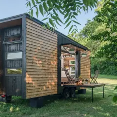 Casa móvil moderna de madera, ideal para quienes buscan qué se puede construir en terreno rústico. Tiene una terraza desplegable y está rodeada de vegetación.