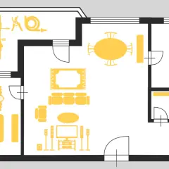 Plano de una casa con dormitorio, sala, comedor, cocina y balcón con bicicleta y herramientas.