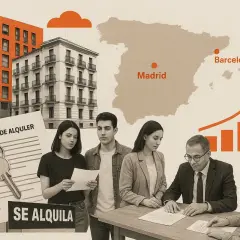 Jóvenes deciden si comprar o alquilar una vivienda en España, con un contrato de alquiler y llaves.