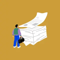 Hombre con maletín frente a una pila de documentos, como un contrato de arras modelo.