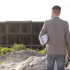 Arquitecto revisa la ficha urbanística de un edificio en construcción.