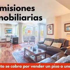 Salón moderno con sofás de cuero y mesa de centro. El texto pregunta: ¿cuánto cobra una inmobiliaria por vender un piso?