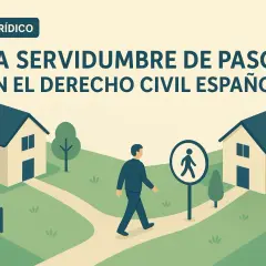 Ilustración de dos casas conectadas por un camino, con un hombre caminando. Representa la servidumbre de paso sin escriturar en el derecho civil español.