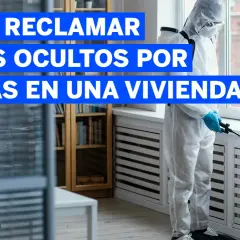 Persona con traje protector fumiga contra plagas, reclamando vicios ocultos en una vivienda.
