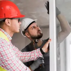 Dos obreros instalan un marco de ventana. Uno usa casco rojo y chaleco amarillo, el otro casco blanco y guantes. Sus **clikalia opiniones** sobre el trabajo son positivas.