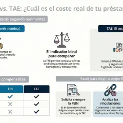 Infografía compara TIN y TAE para hipotecas, mostrando que la TAE incluye comisiones y seguros, ofreciendo el coste real.