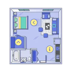 Plano de vivienda con dormitorio, salón, baño y cocina. Ideal para conseguir planos vivienda online y visualizar tu futuro hogar.