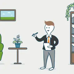 Un hombre con traje revisa un bien inmueble, con un sillón verde, una planta y una estantería llena de libros.