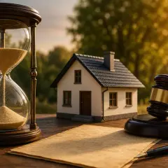Reloj de arena, casa, mazo y papel. El tiempo es clave para la usucapión según el Código Civil.