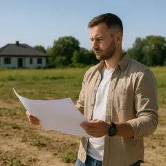Un tasador de terrenos revisa planos en un campo abierto, con una casa en el fondo.