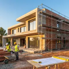 Construcción de casa moderna. Obreros trabajan en muros de ladrillo. Planos y herramientas sobre mesa. Pregunta: cuanto cuesta hacerse una casa teniendo el terreno.