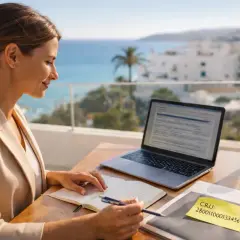 Mujer revisa en su laptop cómo saber el CRU de una propiedad, con vista al mar.