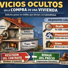 Ilustración de una casa con vicios ocultos: humedades, grietas, problemas eléctricos y plagas. Requisitos legales: oculto, preexistente, grave. Opciones: rescisión o rebaja del precio.