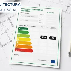 Certificado de Eficiencia Energética para arquitectura residencial, mostrando la escala de calificación y datos del edificio. Este documento es esencial para la **cédula de habitabilidad**.