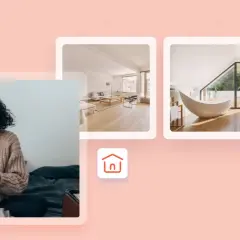 Mujer sonríe usando su teléfono, mostrando opciones de vivienda. El ícono de euro y casa sugieren que busca arrendamiento.