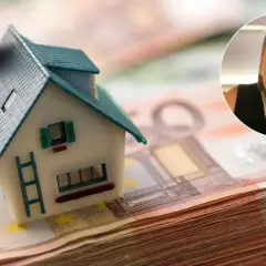 Casa en billetes de euro, con una mujer sonriendo. Guía para los pasos hipoteca.