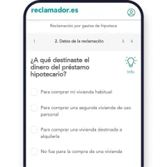 Formulario para reclamar gastos hipoteca BBVA. Pregunta sobre el destino del dinero del préstamo hipotecario.