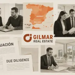 Agentes de Gilmar Real Estate discuten propiedades en España. Documentos de "Valuación" y "Due Diligence" sugieren transacciones.