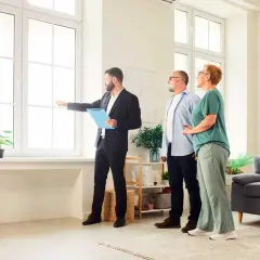 Agente inmobiliario muestra a una pareja una vivienda, explicando la **validez de la tasación de la vivienda** y sus características.