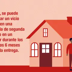 Pareja preocupada frente a su casa. Texto explica que se puede reclamar por vicios ocultos en vivienda o alquiler en los primeros 6 meses.