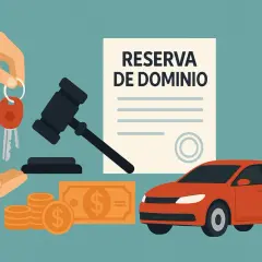 Documento "Reserva de Dominio" junto a un coche, llaves, dinero y mazo de juez.