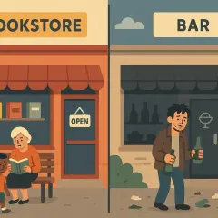 Contraste entre una librería familiar y un bar desolado, mostrando cambios de uso y sus efectos en la comunidad.