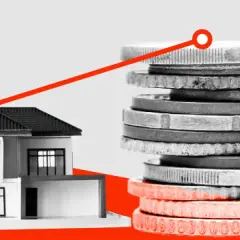 Casa y pila de monedas con línea ascendente. El impuesto segunda vivienda puede afectar tus finanzas.