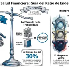 Balanza que compara deudas y activos, ilustrando el ratio de endeudamiento. Un semáforo y puertas indican niveles de riesgo financiero.