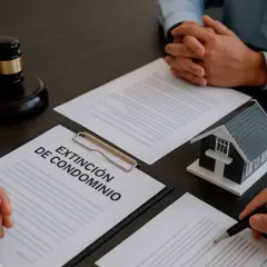 Mesa con mazo de juez, maqueta de casa y documentos sobre la extinción de condominio.