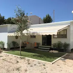 Una moderna casa de aperos blanca con toldo, césped artificial y un perro blanco descansando.