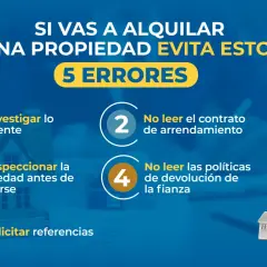 Evita 5 errores al alquilar: no investigar, no leer el contrato de arrendamiento (¡descarga una plantilla contrato de alquiler gratis!), no inspeccionar, no leer políticas de fianza y no pedir referencias.