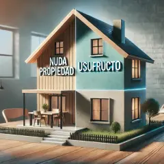 Maqueta de casa dividida: "Nuda Propiedad" en madera, "Usufructo" en turquesa. Ejemplos visuales de derechos inmobiliarios.