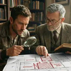 Dos hombres estudian un plano, uno con lupa, el otro con un libro. El arte 24 lau inspira su investigación en la biblioteca.