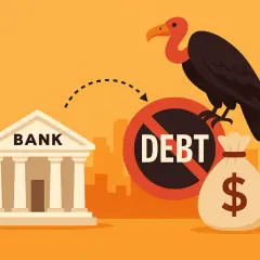 Un buitre se posa sobre un símbolo de prohibido endeudarse, cerca de un banco y una bolsa de dinero.