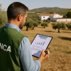 Profesional revisa informe de tasación de terreno rústico con olivos y casas de campo al fondo.
