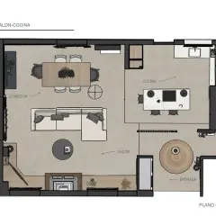 Plano 3D de salón-cocina con comedor, chimenea y entrada. Ideal para saber como conseguir los planos de mi casa.