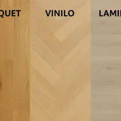 Comparativa visual: parquet clásico, vinilo en espiga y laminado. Muestra la diferencia entre tarima y parquet.