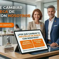 ¿Cuánto cuesta una novación de hipoteca? ¡Descúbrelo! Pareja sonriente en oficina, tablet muestra beneficios de cambiar tu hipoteca.