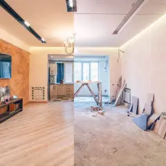 Un lado muestra un salón moderno y amueblado, el otro, una obra en proceso. Un claro ejemplo de cambio de uso y renovación.