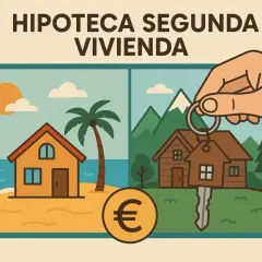 Unas llaves con forma de casa, símbolo de euro y dos casas: una en la playa y otra en la montaña. ¡Tu hipoteca segunda vivienda te espera!