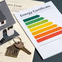 Maqueta de vivienda, llaves y certificado energético. Documentos que podrían influir en el valor catastral de la vivienda.